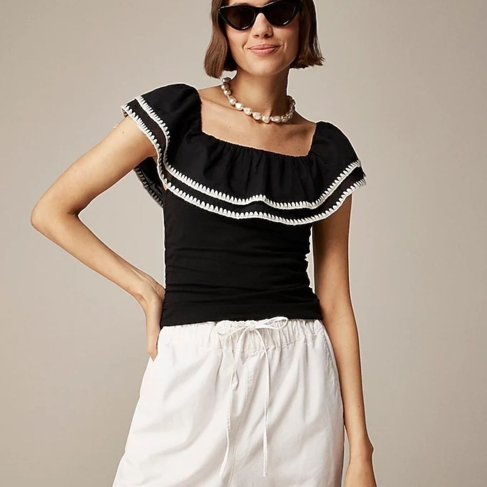 NWT J. Crew Black Off Shoulder Top with White Ruffle Trim